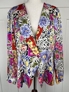 Vintage Silk Floral Jacket Lined Statement Blazer Art To Wear Sz 14 Joan Leslie